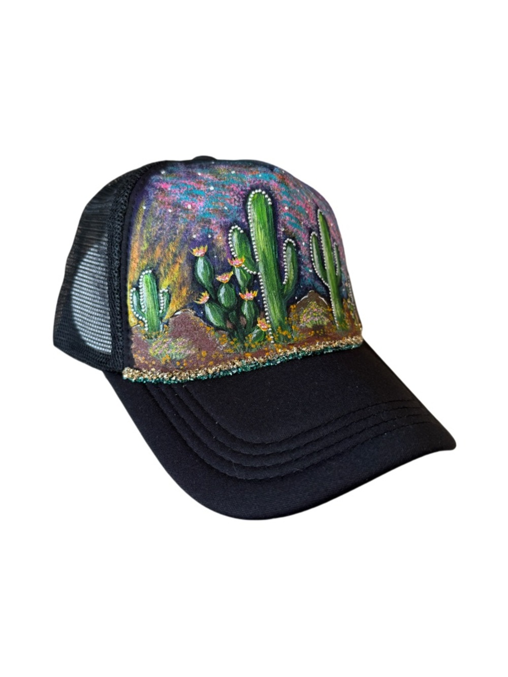 Hand-Painted Cactus Trucker Hat - Black with Green & Multicolor Front